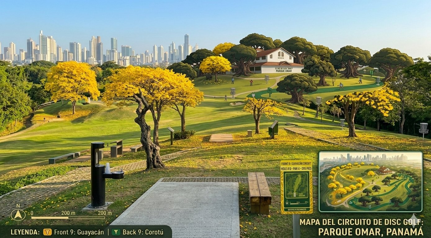 Parque Omar — Disc Golf con la ciudad de Panamá al fondo